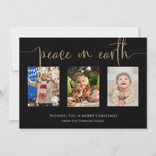 Peace on Earth Christmas 3 Photo Collage Glitter Holiday Card