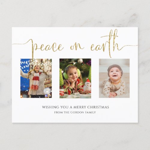 Peace on Earth Christmas 3 Photo Collage Glitter  Holiday Postcard