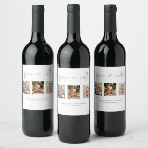 Peace on Earth Christmas 3 Photo Collage Glitter Wine Label