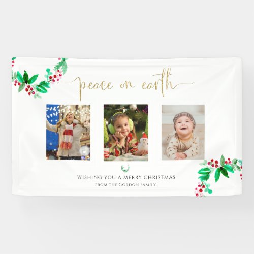 Peace on Earth Christmas 3 Photo Wreath Watercolor Banner