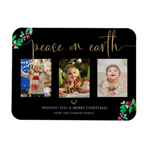 Peace on Earth Christmas 3 Photo Wreath Watercolor Magnet