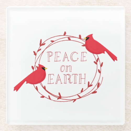Peace on Earth Christmas Cardinals Glass Coaster