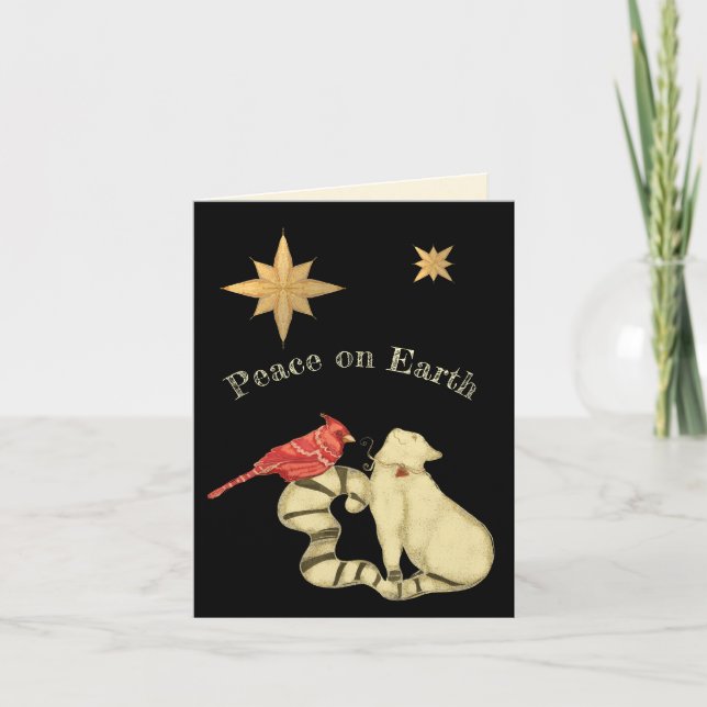 Peace on Earth Christmas Cat and Bird Holiday Card (Front)