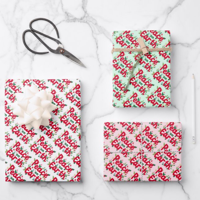 PEACE ON EARTH Christmas Holiday HandDrawn Variety Wrapping Paper Sheets (Front)