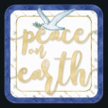 Peace on Earth Christmas Kwanzaa Hanukkah Square Sticker<br><div class="desc">Our blue and gold Peace on Earth watercolor holiday design matches our Christmas,  Kwanzaa,  and Hanukkah inclusive Peace on Earth holiday cards. This design makes a great finishing touch to holiday packages or envelopes as envelopes seals.</div>