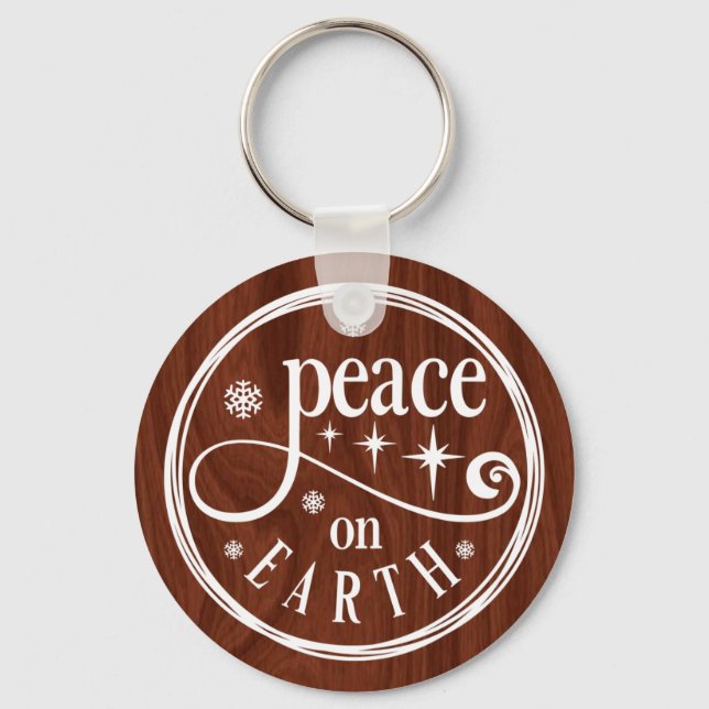 Peace on Earth Christmas Quote on Brown Wood Keychain (Front)