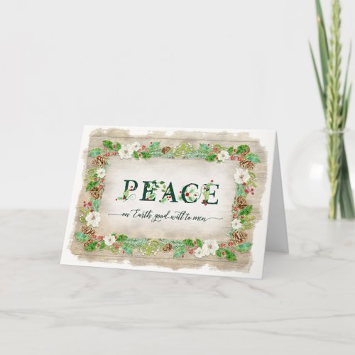 Peace on Earth Christmas Rustic Watercolor Floral Holiday Card