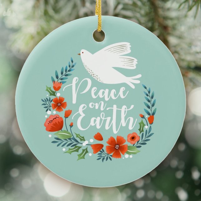 Peace on Earth Christmas Script Ceramic Ornament (An elegant Peace on earth Christmas ornament)
