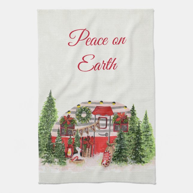 Peace on Earth Christmas Trailer Camper Rustic Kitchen Towel (Vertical)