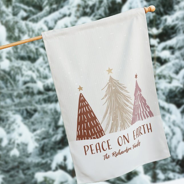Peace On Earth Christmas Trees Family Name Welcome House Flag (Peace On Earth Christmas Trees Family Name Welcome House Flag)