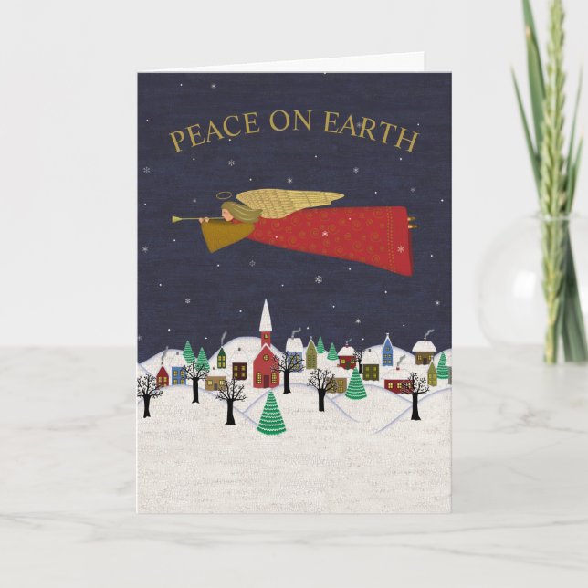 Peace on Earth Christmas Village Angel Folk Art Holiday Card (Front)