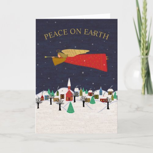 Peace on Earth Christmas Village Angel Folk Art Holiday Card