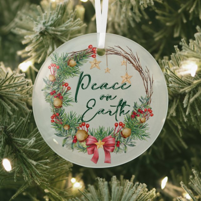 Peace on Earth Christmas Wreath Glass Ornament (Insitu)