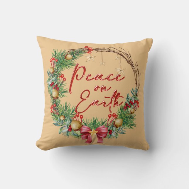 Peace on Earth Christmas Wreath Throw Pillow (Front)