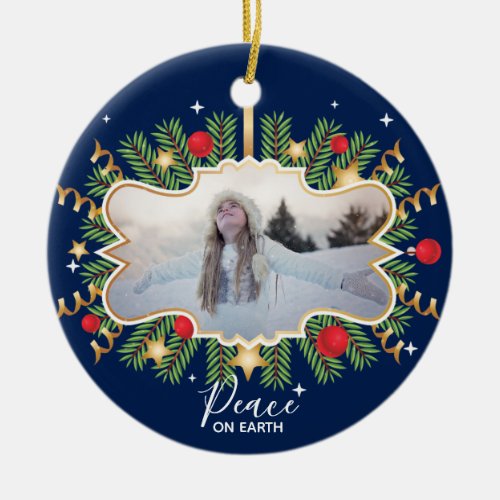 Peace on Earth Colorful Blue Photo Wreath Ceramic Ornament