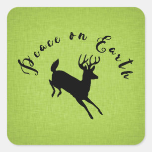 Peace on Earth Deer Green Linen Holiday Sticker