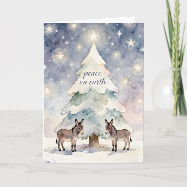 Peace on Earth Donkeys and Christmas Tree Holiday Card (Front)