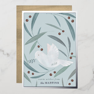 Peace on Earth Dove Blue Silver Foil Holiday Card