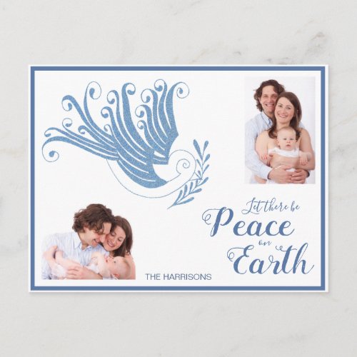 Peace on Earth Dove Christmas Photo Blue Holiday Postcard