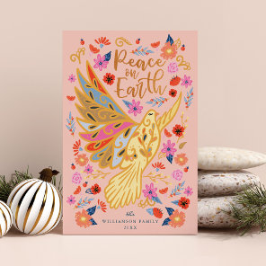 Peace on Earth Dove Floral Folk Art Blush Pink Holiday Card