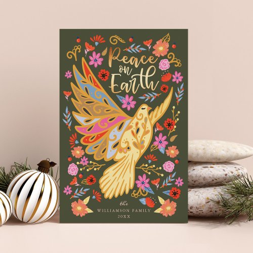 Peace on Earth Dove Floral Folk Art Earthy Green Holiday Card