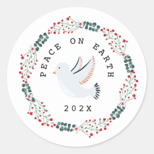 Peace on Earth Dove Modern Botanical Wreath Classic Round Sticker