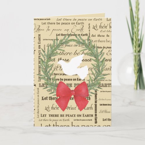 Peace on Earth Dove Olive Leaves Typography Bow Holiday Card
