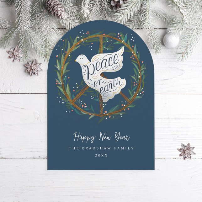 Peace on Earth Dove Peace Sign Wreath Holiday Card (Creator Uploaded)