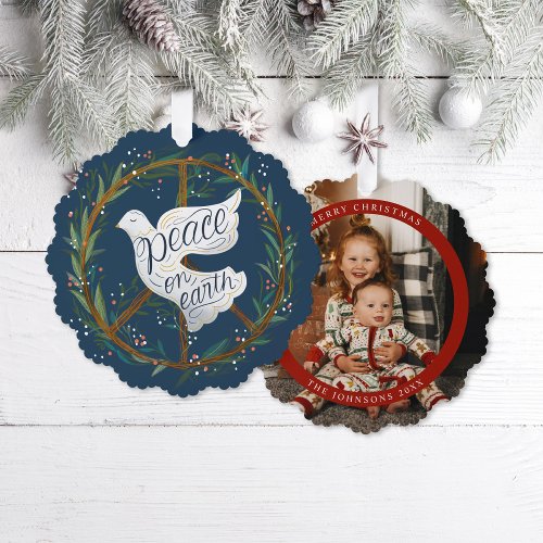 Peace on Earth Dove Peace Sign Wreath Illustrated Ornament Card