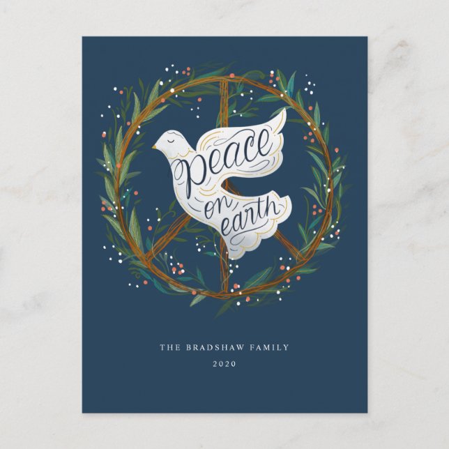 Peace on Earth Dove Peace Sign Wreath Non-Photo Holiday Postcard (Front)