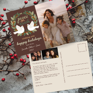 Peace on Earth Doves Christmas CUSTOM 3 PHOTO Holiday Postcard