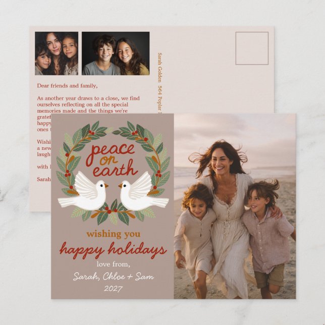 Peace on Earth Doves Christmas CUSTOM 3 PHOTO Holiday Postcard (Front/Back)