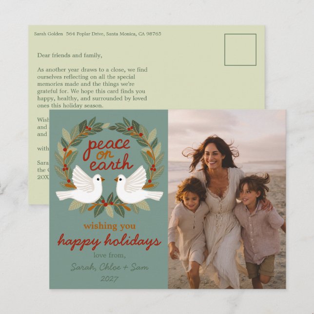 Peace on Earth Doves Christmas CUSTOM PHOTO  Holiday Postcard (Front/Back)