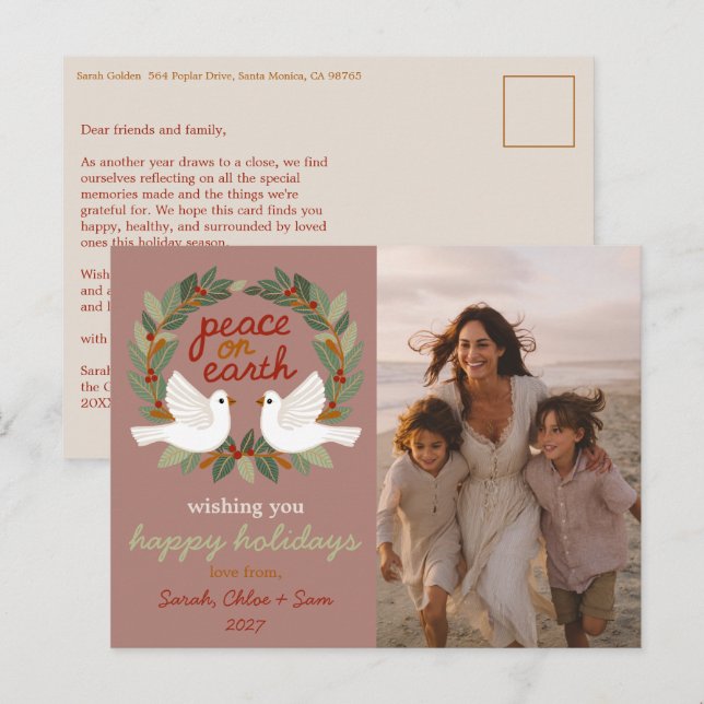 Peace on Earth Doves Christmas CUSTOM PHOTO  Holiday Postcard (Front/Back)