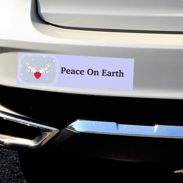 Peace on Earth Doves Heart Snowflakes Bumper Sticker (Two white doves peace heart snowflakes  on blue Peace on Earth bumper sticker for your car.)