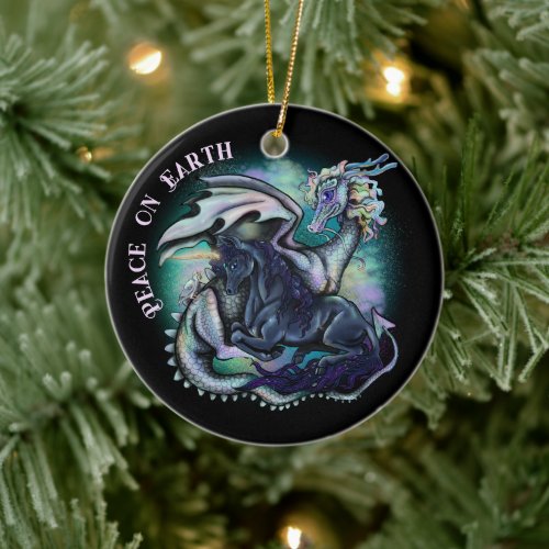 Peace on Earth Dragon and Unicorn Ceramic Ornament