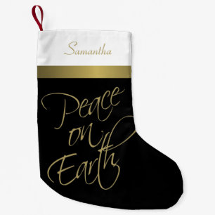 Peace on Earth Elegant Black, Gold & White Small Christmas Stocking