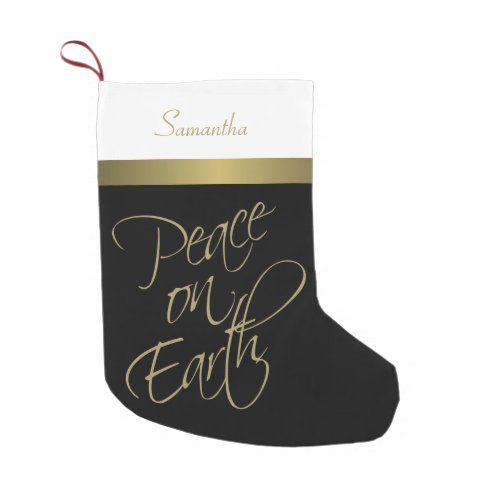 Peace on Earth Elegant Black Gold  White Small Christmas Stocking