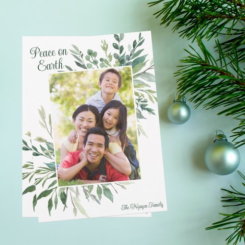 Peace on Earth Elegant Botanical Greenery Photo Holiday Card