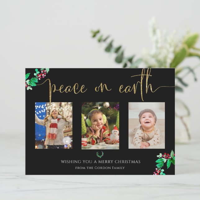 Peace on Earth Elegant Gold Script Christmas Photo Holiday Card (Standing Front)
