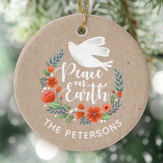 Peace on Earth Elegant White Dove Christmas Ceramic Ornament (An elegant peace on earth Christmas ornament)