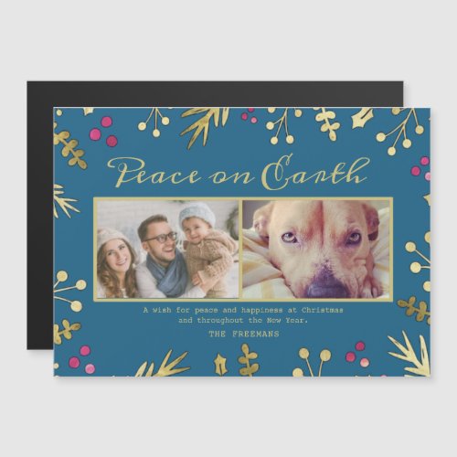 Peace on Earth Family Photo Bright Blue Holly Magnetic Invitation