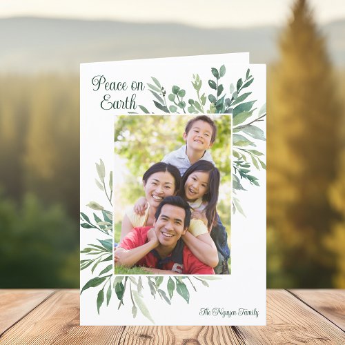 Peace on Earth Family Photo Chic Greenery Holiday Card