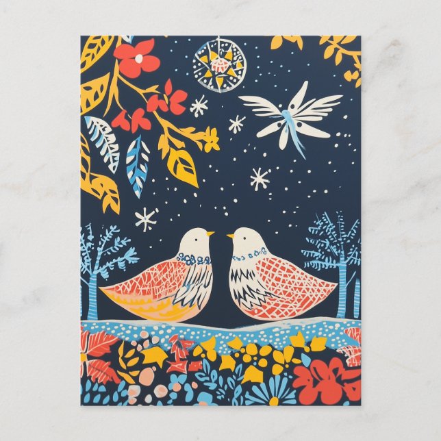 Peace on Earth, Festive Birds Nature Folk Charm Holiday Postcard (Front)