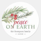 Peace on Earth Festive Christmas Greenery Classic Round Sticker (Front)