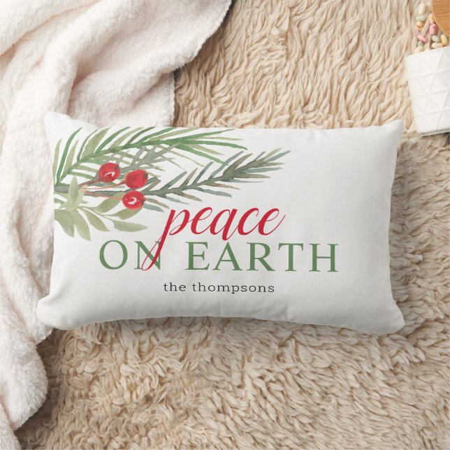 Peace on Earth Festive Christmas Greenery Lumbar Pillow (Blanket)