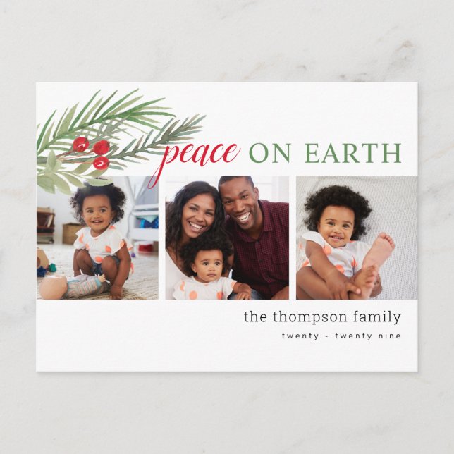 Peace on Earth Festive Christmas Greenery Photos Holiday Postcard (Front)