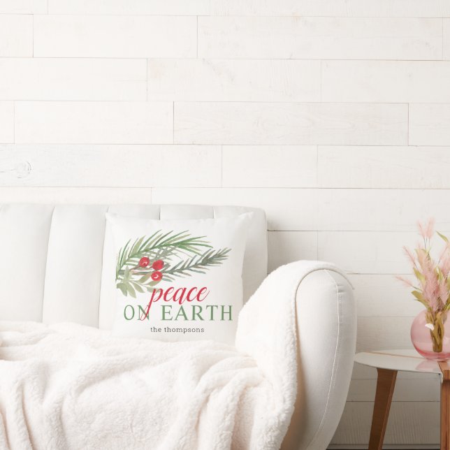 Peace on Earth Festive Christmas Greenery Throw Pillow (Couch)
