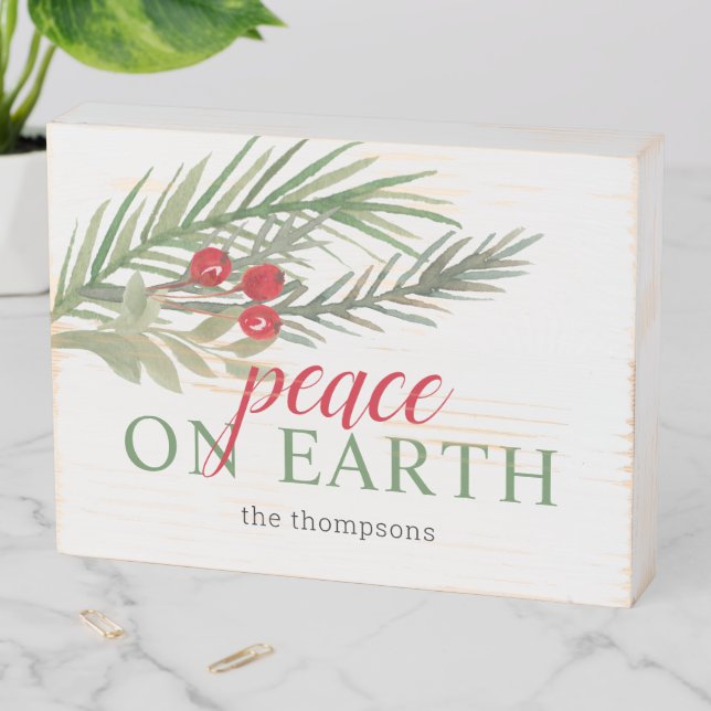 Peace on Earth Festive Christmas Greenery Wooden Box Sign (In Situ Horizontal)