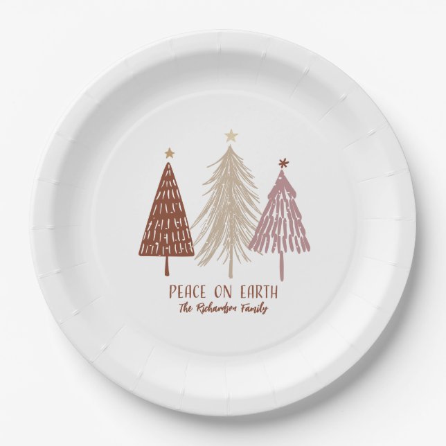 Peace On Earth Festive Merry Christmas Trees Chic Paper Plates (Front)